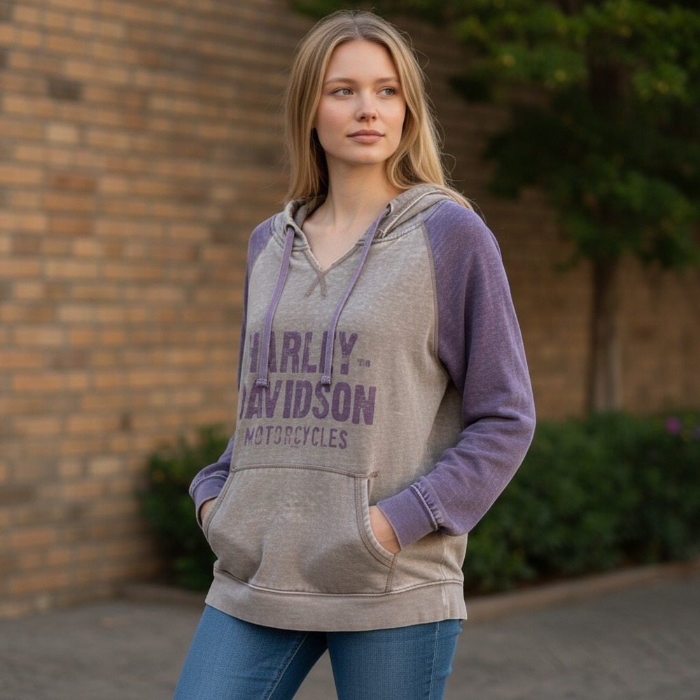 Harley-Davidson Women Pullover Hoodie Gray Purple Distressed XL Black Cat Logo